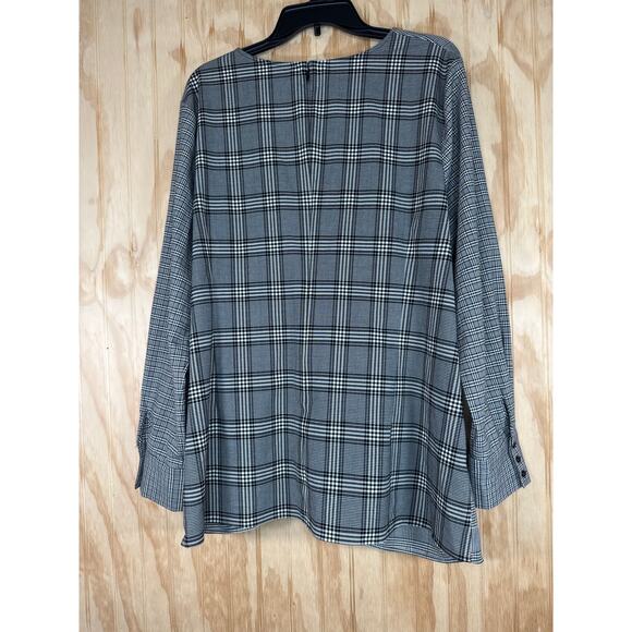 Halogen 2X Black White Plaid Houndstooth Faux Tie Waist Shirt Long Sleeve Blouse - Picture 2 of 10
